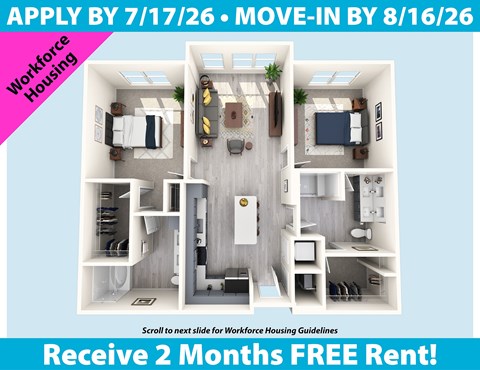 Floor plan for 2 beds, 2 baths, 1058 sqft